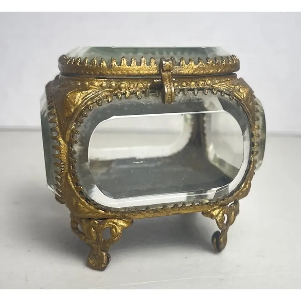 Vintage French Style Ormolu Gold Jewelry Box Casket Beveled Glass Footed Ornate
